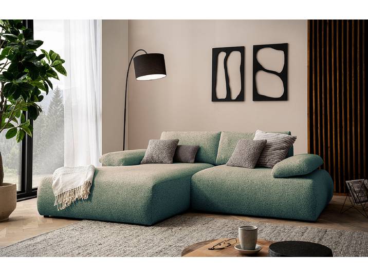 Ecksofa FRYA mit Longchair Grün Strukturstoff Purna 244cm Longchair davorstehend links Modern