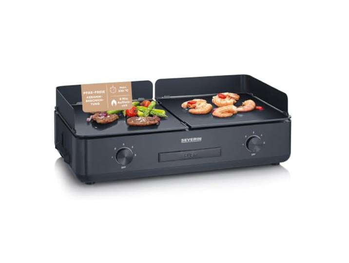 SEVERIN Tischgrill Plancha SUAVE, mit 2 keramikbeschichteten Grillflächen, Elektrogrill mit 5 unabhängig regelbaren Stufen je Seite, einstellbar bis zu 240°C, 2.200 W, schwarz, PG 8569