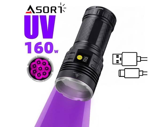 Lanterne puissante à détection ultraviolette 365nm, 160W, haute puissance, lampe de poche UV, torche LED à lumière noire, Rechargeable par USB, pour l'extérieur