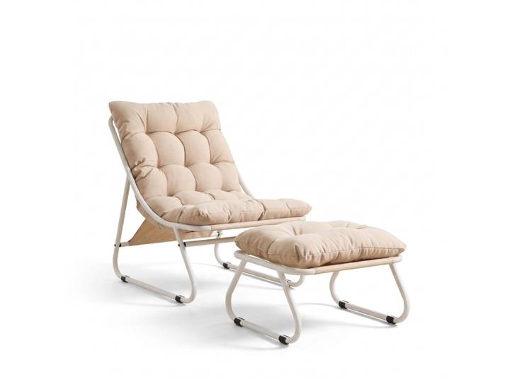 Fauteuil patio avec pouf, coussin et repose-pieds, beige