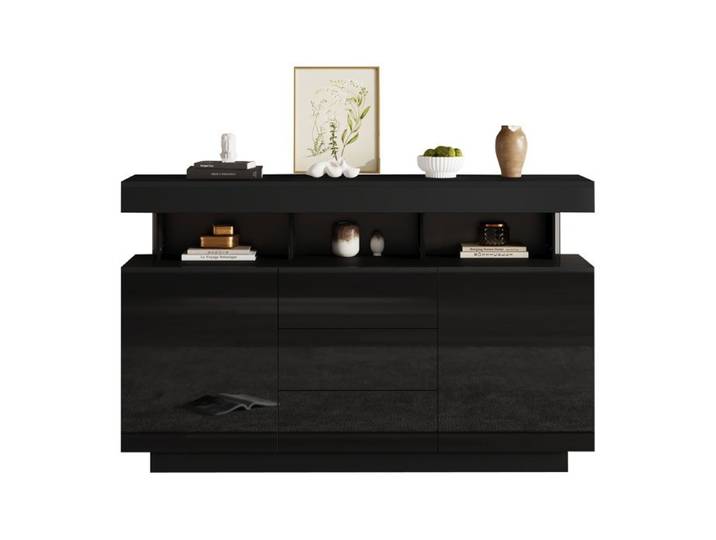 ELVORIN Buffet bas 140 x 35 x 80 cm noir brillant LED 3 tiroirs 2 portes 3 niches ouvertes acrylique