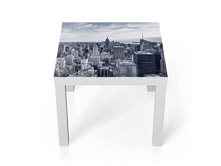 DEQORI Glastisch weiß klein 55x55 cm Motiv Blaue Skyline New York ausgefallener Beistelltisch aus Glas Hochglanz Couchtisch fürs Wohnzimmer moderner Couch Tisch mit Design