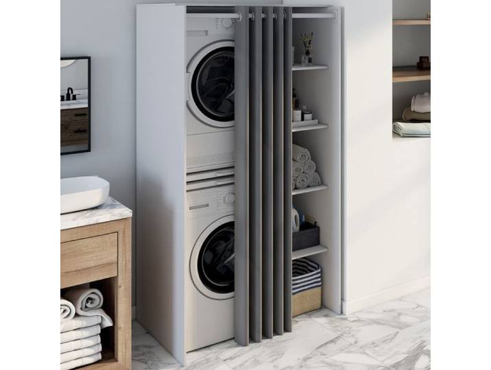 IDMARKET Meuble de buanderie double machine à laver avec rideau coulissant gris WALLIS blanc