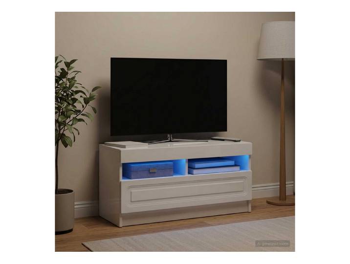 furnicato TV-Schrank LED Massivholz Hochglanz weiß (1-St) LED-Lowboard mit umkehrbaren Türen und Wandbefestigung für Wohnraum