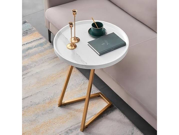 XCHtuerFY Beistelltisch, Kleiner Beistelltisch mit Metallgestell for Wohn- und Schlafzimmer(50cm,White)