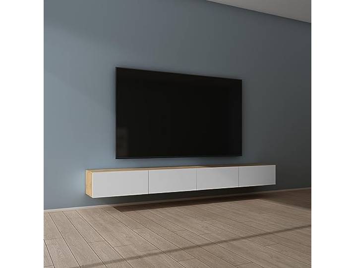 Mai & Mai Fernsehschrank Hängend TV Lowboard hängend mit Gasdruckfedern TV Schrank mit Klappen, viel Stauraum, Wandmontage in Kerneiche + Matt Weiß, Breite: 280 cm, Fernsehschrank02