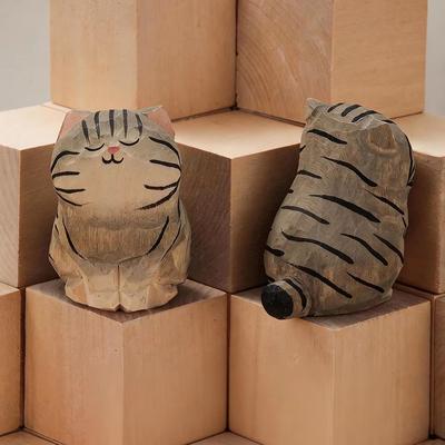 Inspired Finds Handcrafted Wooden Cat Figurine Decor Cute Kitten Statue For Desk, Car, And Home Accent gray Tabby
