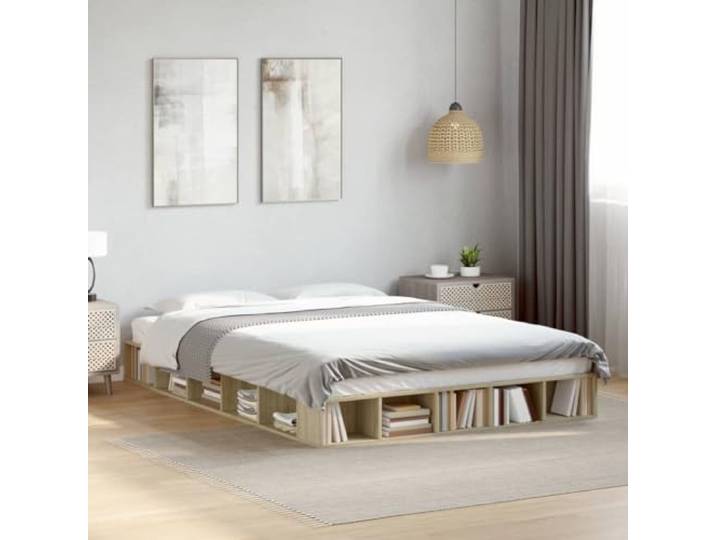 RJPLMFV Bettgestell, Sonoma-Eiche, 140 x 200 cm Langlebiges Holz mit Aufbewahrung, Lattenrost inklusive