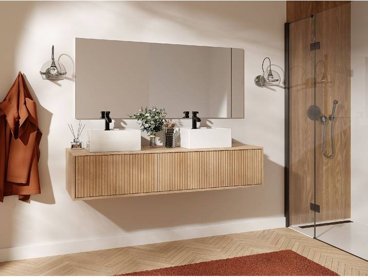 Hängendes Waschbeckenunterschrank mit Rillenmuster - Helles Naturholz - 150 cm - ARNEGA