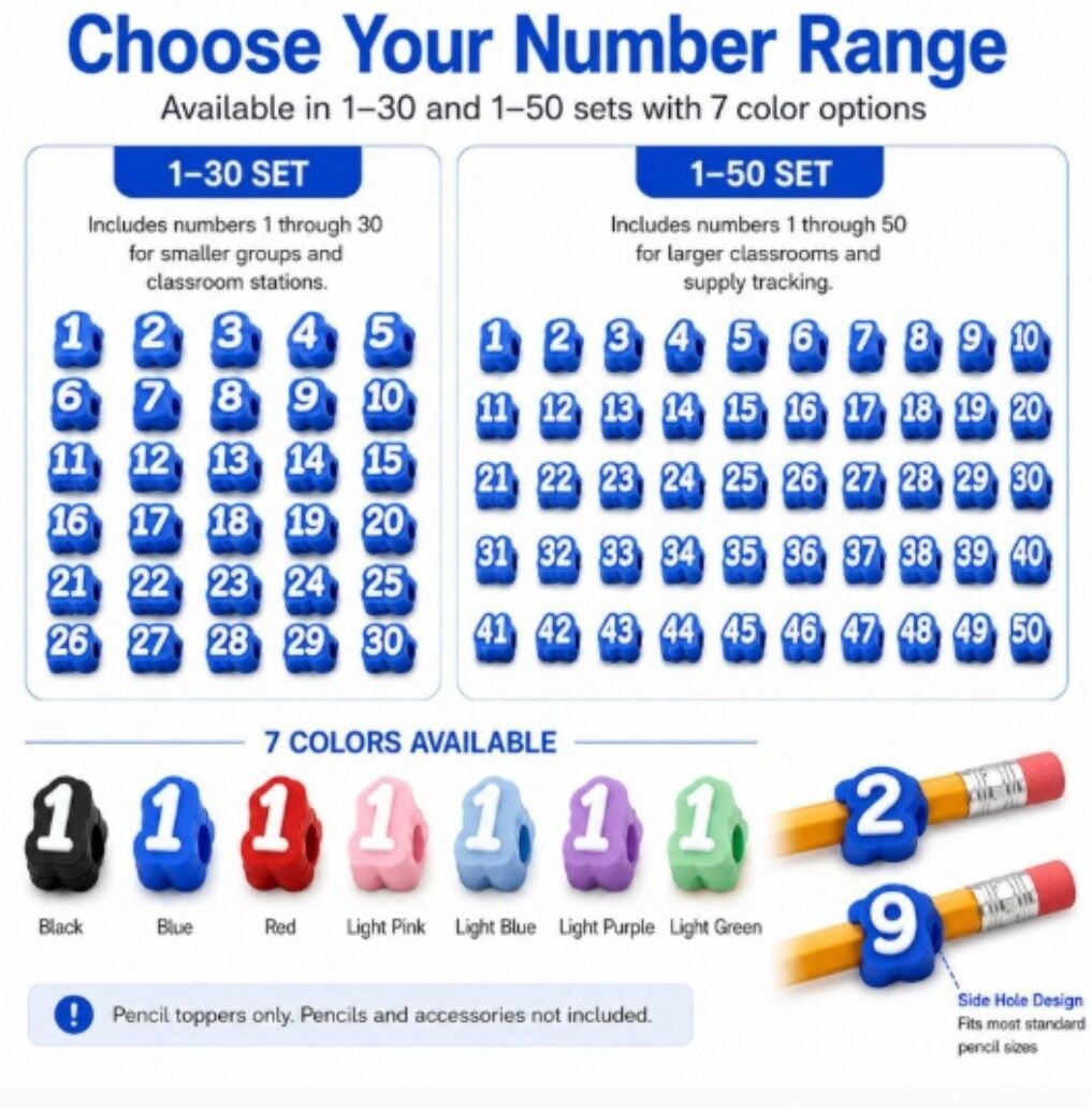INF 30 couvre-crayons en silicone numérotés - capuchons réutilisables pour organisation et suivi en classe