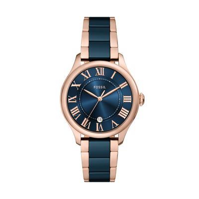 Quarzuhr FOSSIL "GILMORE", gold (roségoldfarben, marine), Armbanduhren, Damen, Quarzuhr, Armbanduhr, Damenuhr, analog, Tag