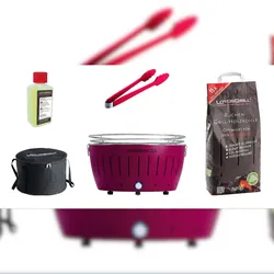 LotusGrill XL Starter-Set 1x XL Grill Pflaumenlila mit USB-Anschluß, 1x Buchenholzkohle 2,5 kg, 1x Brennpaste 200ml, 1x Zange, 1x Transport-Tragetasch