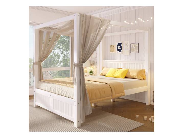HAUSS SPOLE Himmelbett 140x200 Jugendbett mit Matratze,Kinderbett mit Lamellen-Optik,Weiß (Holzbett Kinder- und Jugendbett mit dekorativer Rahmenstruktur), mit Matratze