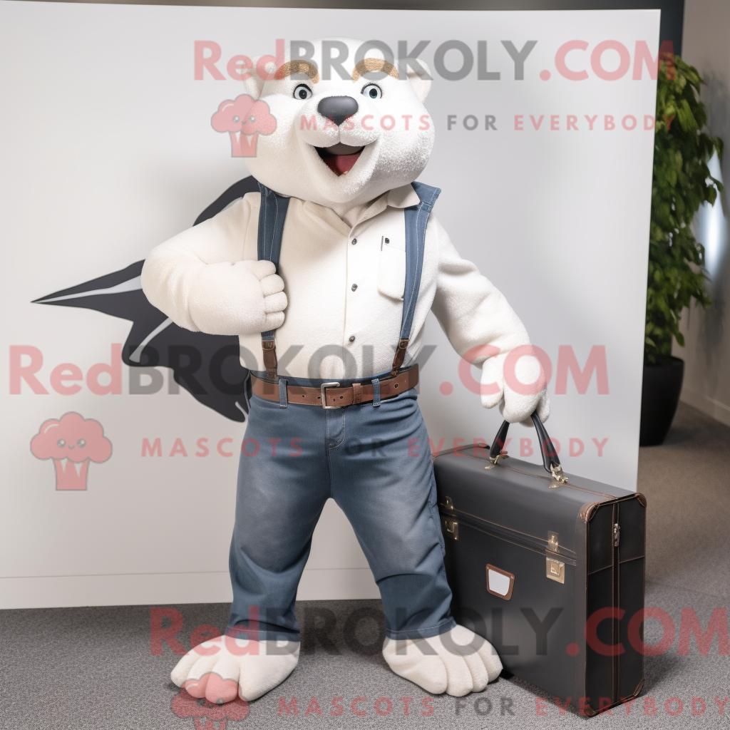 Maskottchen REDBROKOLY eines weißen Bibers mit Bootcut-Jeans und Aktentasche