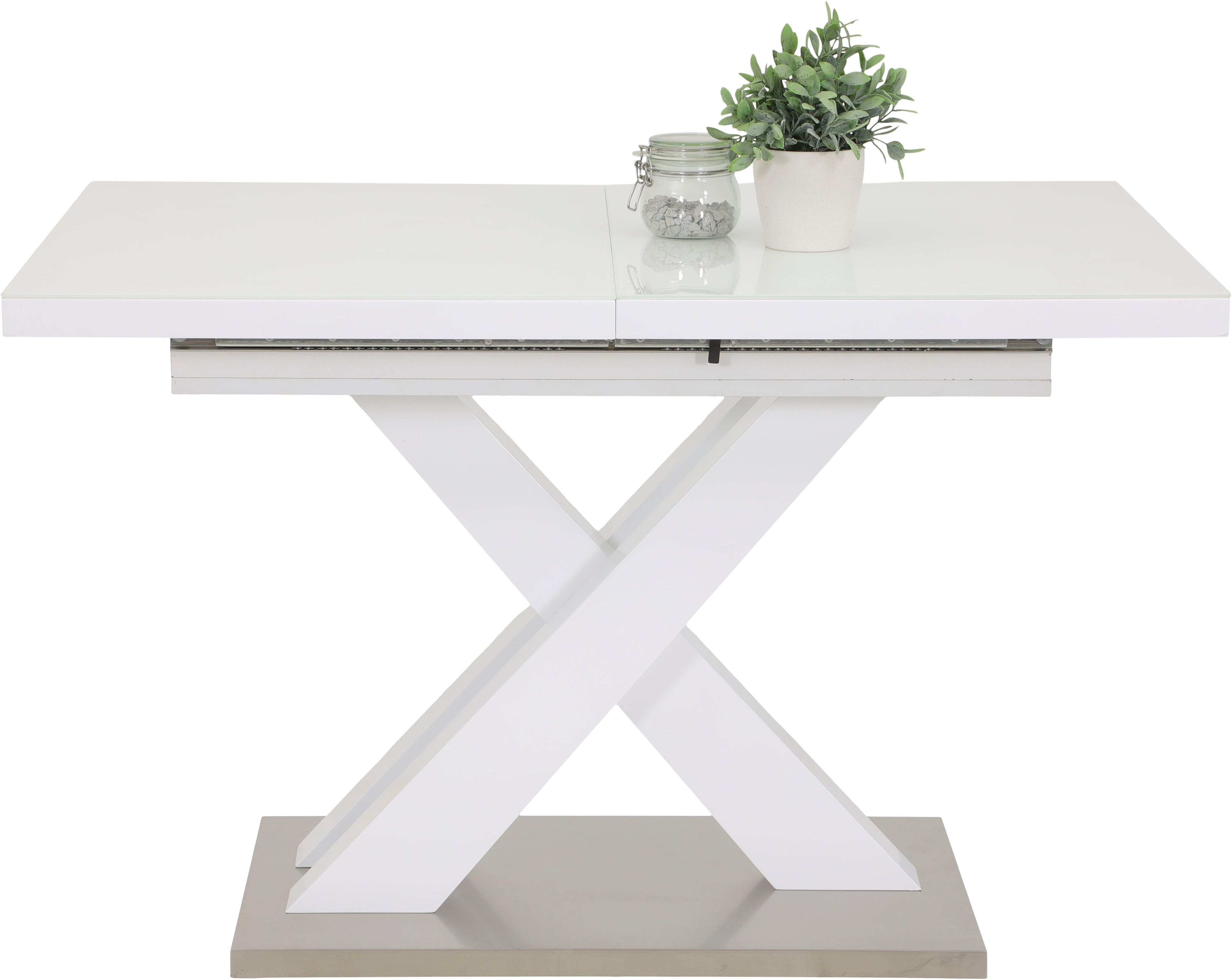 Esstisch HELA "ELVIRA", weiss (hochglanz weiß, edelstahlfarbend, hochglanz weiß, hochglanz weiß), H:75cm T:80cm, Tische, Esstisch hochglanz weiß, edelstahlfarbend, hochglanz weiß, hochglanz weiß B/H/T: 120cm x 75cm x 80cm, Auszugsplatte, Hochglanz Weiss/E
