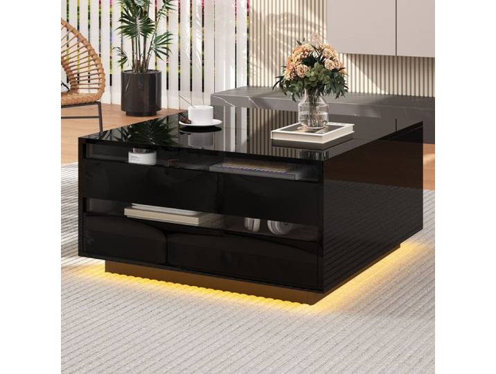 Table basse de salon Table basse relevable avec éclairage LED 1 tiroir et rangement caché Table basse carrée noir
