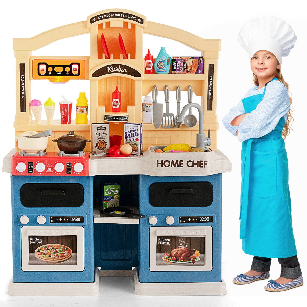 Costway 42-delige kinderkeuken met verlichting, stoom, muziek en waterpomp in blauw