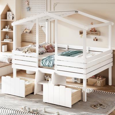 GREATPLANINC Low Loft Bed House Bed with Stairs and 2 Drawers ouse Shaped Roof