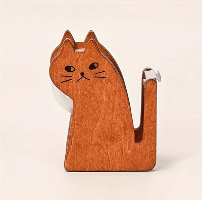 Uplift Curations Cute Cat Shaped Tape Dispenser Wooden & Transparent Plastic Tape Holder For Desk dark Khaki