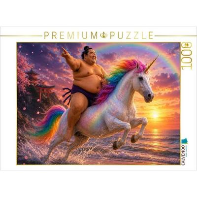 CALVENDO Puzzle Sumoringer und Einhorn im Sonnenuntergang | 1000 Teile Lege-Größe 64x48cm Foto-Puzzle für glückliche Stunden