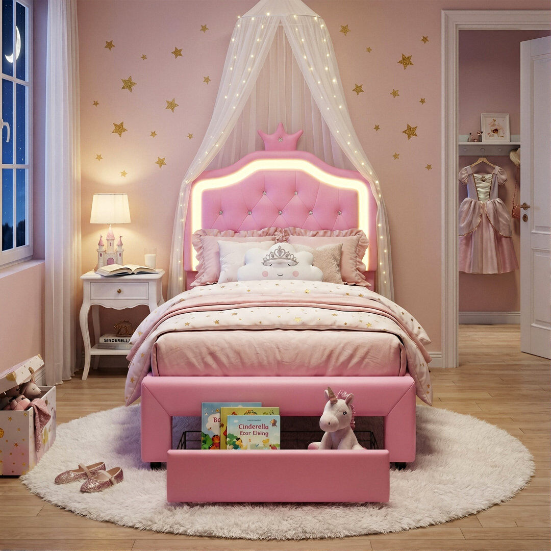 Fairmont Park UK & EU Single Princess Bed With LED Crown Headboard & Storage Drawer, Pink & White Faux Leather Pink Single (3')