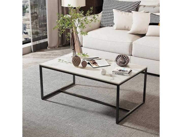 Table Basse Marbre de Salon Table Café Industrielle Rectangulaire Design Blanche Moderne Scantinave en Pierre Frittée 100x60x43cm