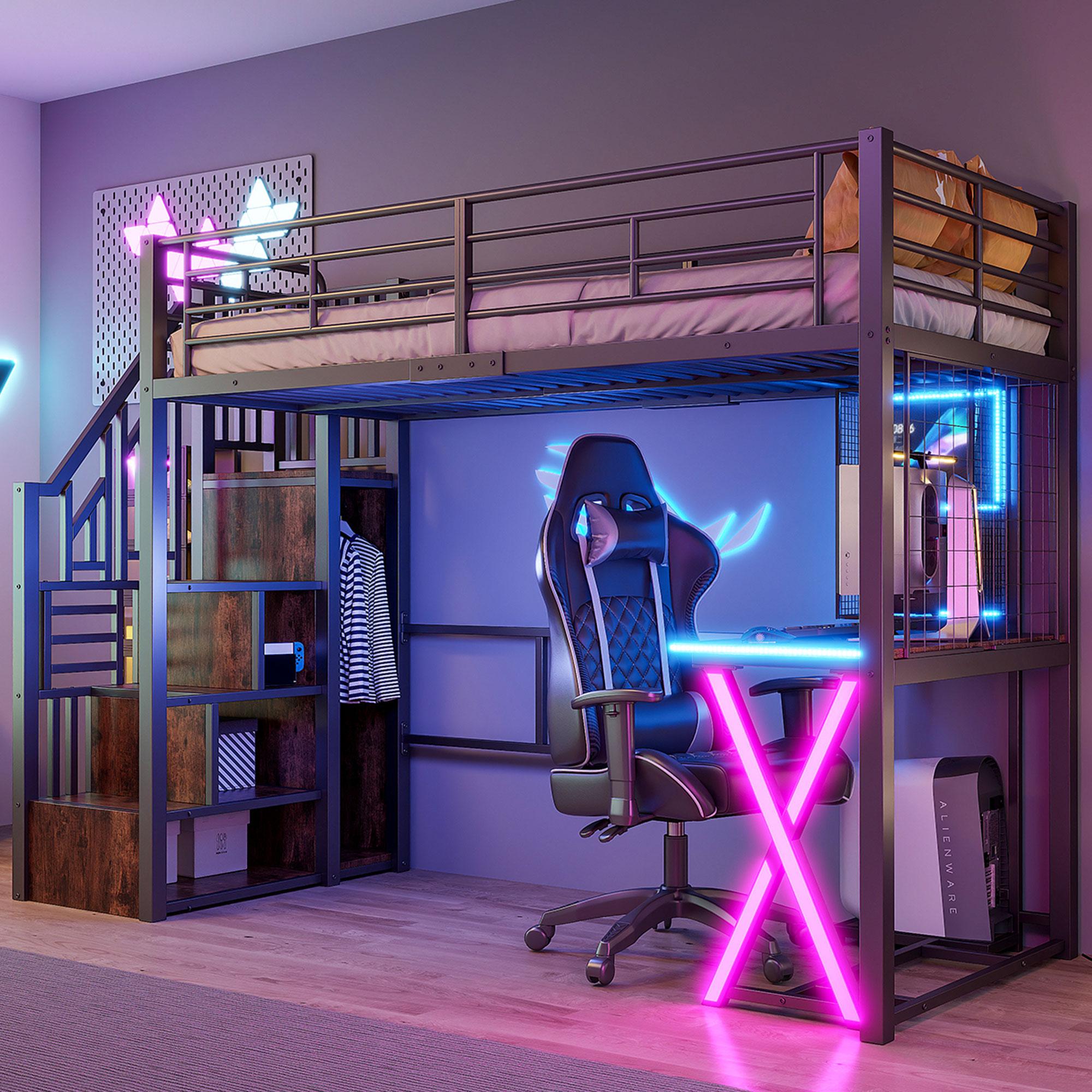 Merax Etagenbett Hochbett 90x200 cm, mit LED, Schreibtisch, Kleiderschrank, Ablageleiter, Regale, Metall Stockbett, Kinderbett, Schwarz