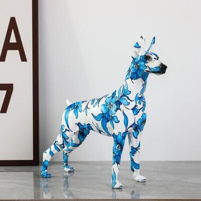 Youfap Market Creative Painted Graffiti Doberman Dog Statue, Unique Home Entrance And Office Decor, Resin Craft For Pet Lovers blue White