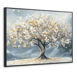 LEINWAND Bilder mit Rahmen - Baum - Winter - Baum des Lebens - Modern - Gold - 80x60