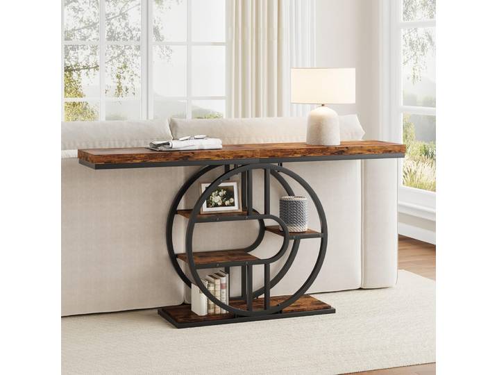 Console d'entrée avec cadre métallique incurvé, table console rétro mince de 120 cm avec 5 étagères de rangement, plateau épaissi pour couloir et salon