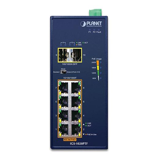 Planet Industrial 8-Port GE 802.3at PoE + 2 100/1000X SFP (10 Ports) (IGS-1020PTF)
