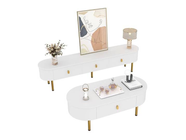 ELVORIN Ensemble meuble TV et table basse blanc et or coins arrondis avec tiroirs MDF style contemporain pour salon