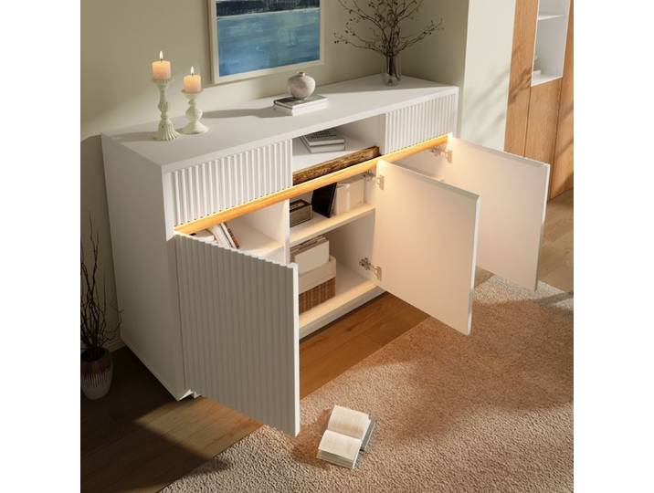 Buffet blanc 140x40x85 cm Blanc Bois commode chambre rangement vêtements [design élégant avec led]commode blanche au design