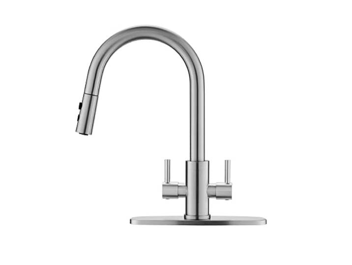 Küchenarmatur, Küchenspüle, 2 Griffe, Spültischarmatur, Wasserhahn, Küchenarmatur zum Herunterziehen, Wasserhahn mit Sprüher, Barhahn, Edelstahl, gebürstetes Nickel, PAKING, PB1045