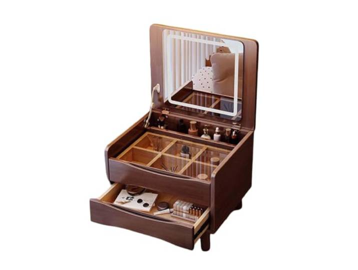Dalumian Schminktisch aus Holz für Erkerfenster, Schminktisch Klappbarer 3-Farben-Spiegel, Schminkstation mit Schublade und Arbeitsplatte aus Sicherheitsglas für Frauen(A,60*40*43.2cm)