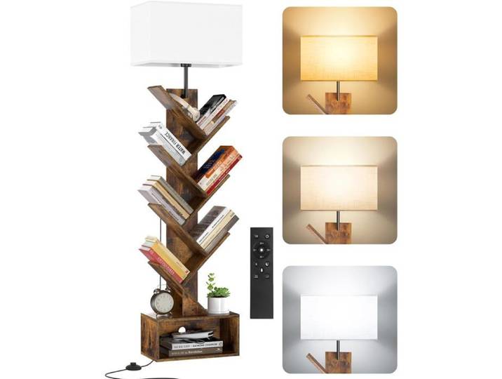 Bibliothèque Arbre Bois sur Pied - Meuble d'Angle avec Étagère 6 Niveaux et Éclairage - Marron Rustique
