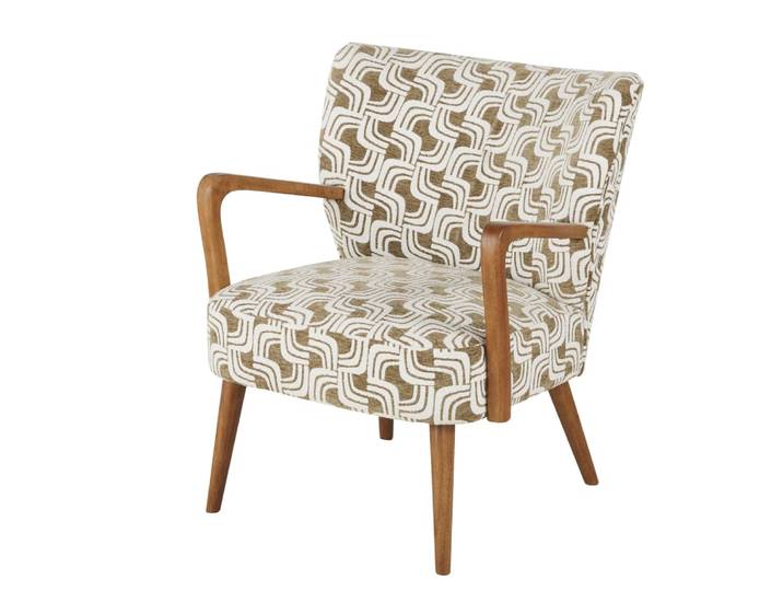 Sessel aus recyceltem Polyestergewebe, gewebt in Khakigrün und Beige-Jacquard, und massivem Gummibaumholz