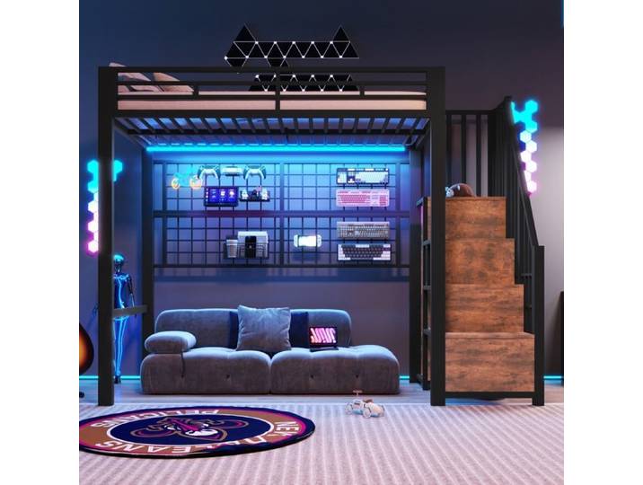 Lit mezzanine 90x200cm lit enfant avec armoire et échelle de rangement grille suspendue lit simple avec lumière LED 7 couleurs noir