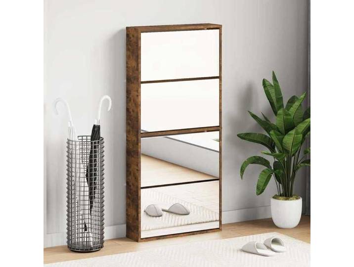 Moderne Armoire à chaussures miroir à 4 niveaux - chêne fumé - 63x17x134 cm - Meuble d Entrée Couloir @FR 8889