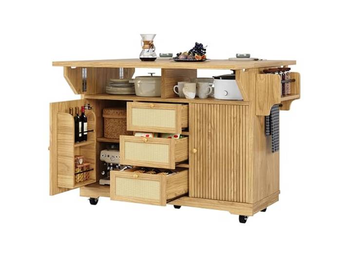 Ropilly Mobile Kücheninsel, Rollbarer Küchenwagen mit Stauraum, Moderner MDF Küchentrolley für Küche und Essbereich (Khaki, Kücheninsel mit Haustierbereich)