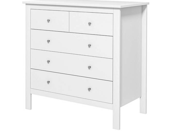 Modfu Kommode aus Holz 39,5x79x80,5 cm Weiß mit 5 Schubladen, Metallgleitern und pflegeleichter Bodenfreiheit, 79x80.5x39.5 cm, Kleinmöbel, Kommoden, Kommoden