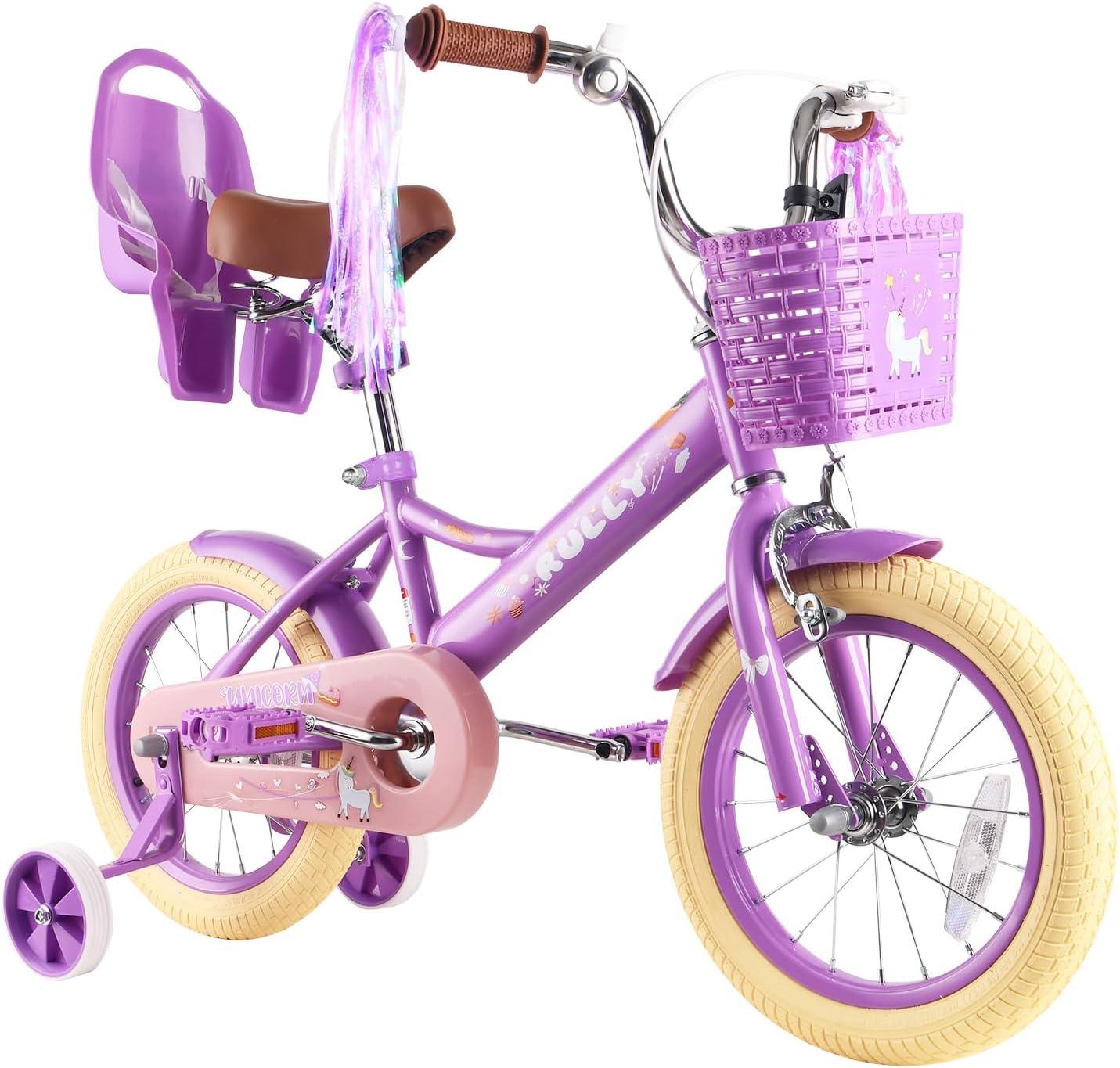 16-Zoll-Kinderfahrrad für Mädchen im Alter von 4, 5, 6, 7 Jahren, mit Stützrädern und Handbremse vorne, Kinderfahrrad mit Korb, Fahrrad, Schleife, Laufrad, lila