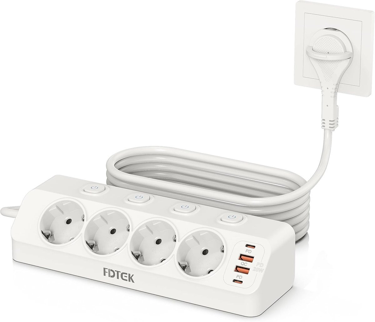 Hoekstopcontact met overspanningsbeveiliging en 4 uitgangen inclusief USB-poorten voor thuis en kantoor