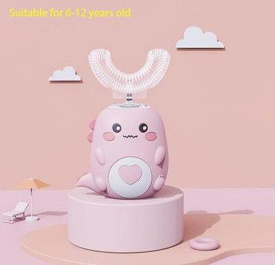 Discount Dollar Deals Smart Cartoon Kids Silicone Toothbrush, Children U shaped Electric Toothbrush, Automatic Rechargeable Sonic Toothbrush 6 12 Years Old Pink