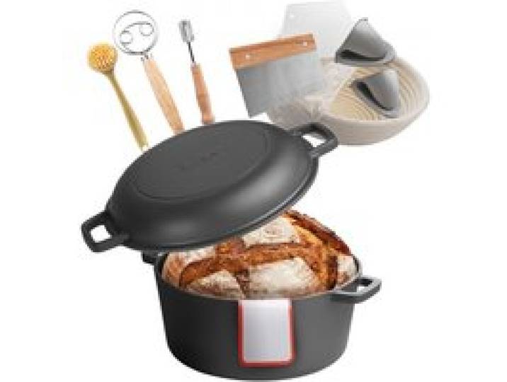 VEVOR Dutch Oven aus Gusseisen, 2 in 1 Schmortopf mit Bratpfannendeckel, 4,73 L robustes Kochgeschirr mit Gärkorb & Brotbackzubehör, Brotbackofen-kompatibel 260 ℃ Brottopf