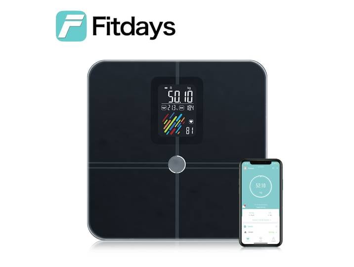 Balance Fitdays Balance de composition corporelle Balance de graisse corporelle de salle de bain à domicile, balance de poids numérique intelligente pour la gestion du corps et la perte de graisse