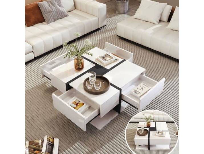 Table basse Moderne - 4 tiroirs - Haute brillance - Blanc