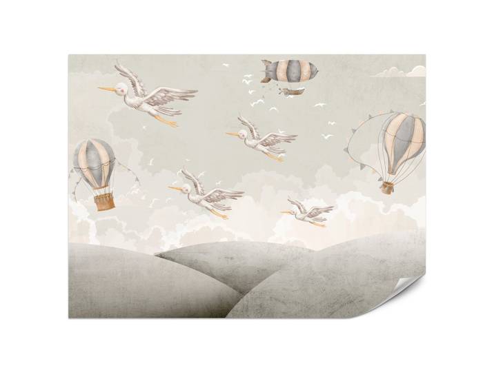 FOTOTAPETE für Kinderzimmer Boho Störche Aquarell Balon Luftschiff Himmel 200x140