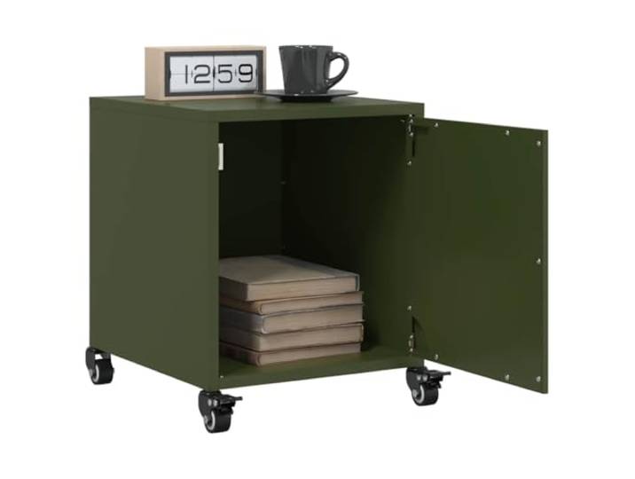 HEFZGDB Olivgrüne Nachttische 2 Stück Stahlgestell 36x39x43,5 cm mit Rollen und Griff – Stabiles Möbelstück mit Stauraum für Bücher und Zeitschriften, pflegeleicht und flexibel
