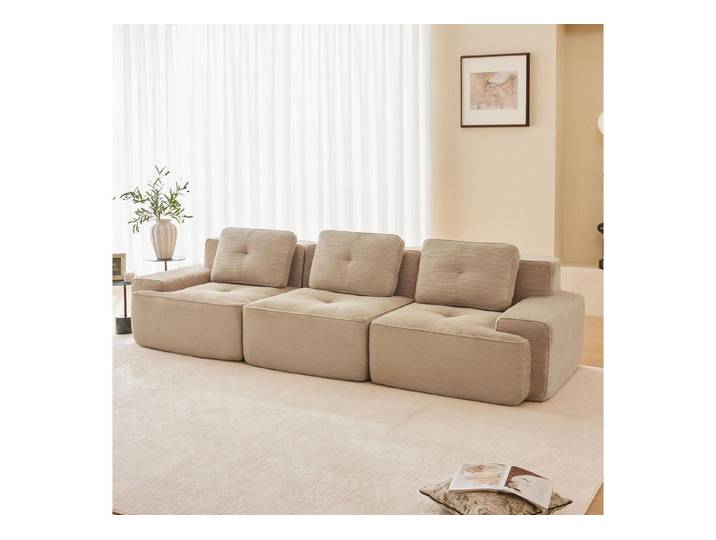LuxusKollektion Ecksofa Sofa 3 Sitzer modular Cord montagefrei tiefer Sitz Beige 3-Sitzer-Sofa